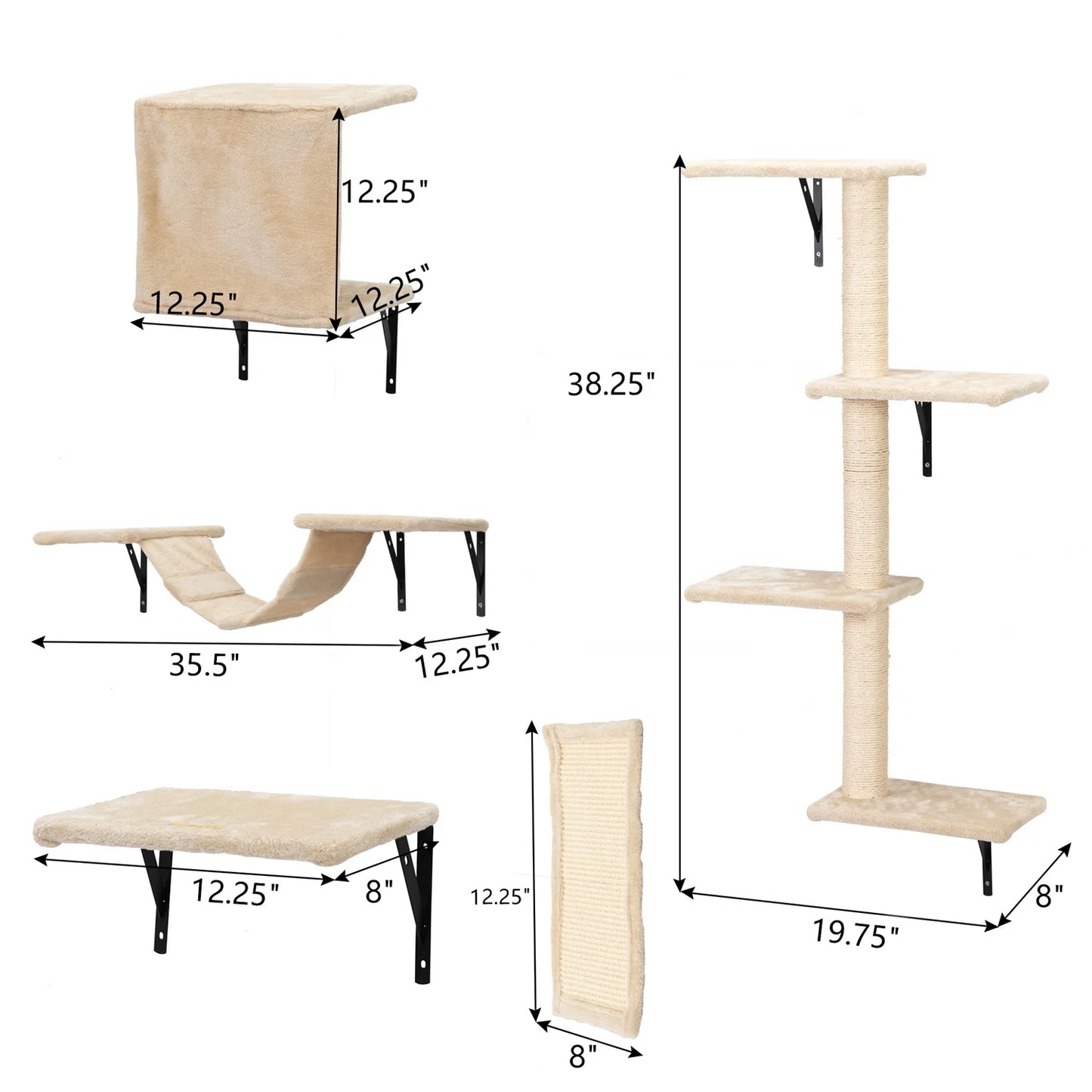 Cat Wall Shelves and Perches Set, Cat Tower for Adult Cats Mounted Cat Tree House for Indoor Cats Modern Furniture for Cat Sleeping Playing Lounging Climbing Cat Tree for Large, Beige