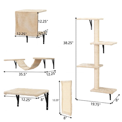 Cat Wall Shelves and Perches Set, Cat Tower for Adult Cats Mounted Cat Tree House for Indoor Cats Modern Furniture for Cat Sleeping Playing Lounging Climbing Cat Tree for Large, Beige