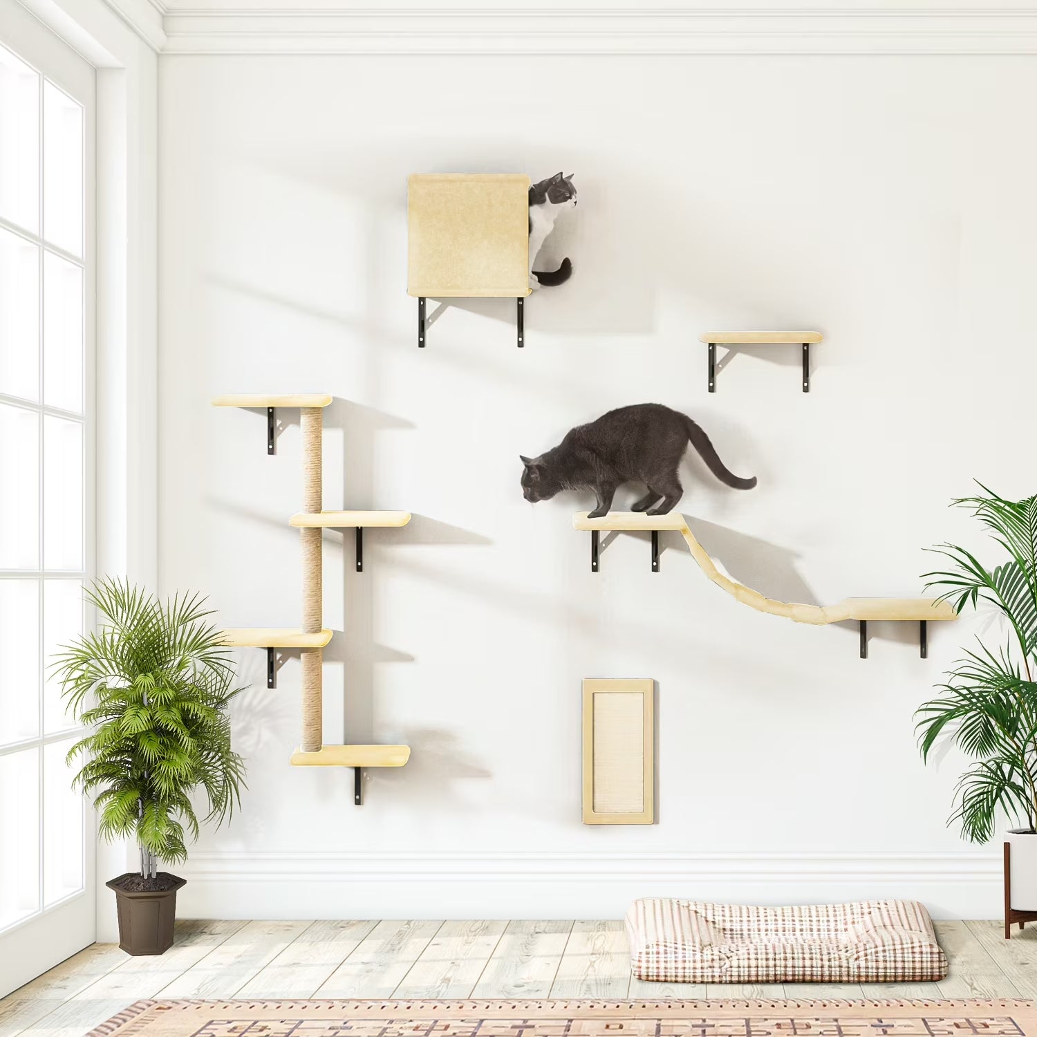 Cat Wall Shelves and Perches Set, Cat Tower for Adult Cats Mounted Cat Tree House for Indoor Cats Modern Furniture for Cat Sleeping Playing Lounging Climbing Cat Tree for Large, Beige
