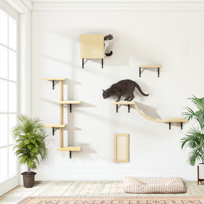 Cat Wall Shelves and Perches Set, Cat Tower for Adult Cats Mounted Cat Tree House for Indoor Cats Modern Furniture for Cat Sleeping Playing Lounging Climbing Cat Tree for Large, Beige