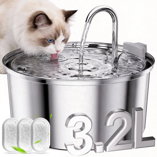 108Oz/3.2L Stainless Steel Cat Water Fountain with 3 Filters, Dishwasher Safe Automatic Pet Fountain for Dogs & Cats, Ultra-Quiet Pet Water Fountain for Multi-Pet Homes, Cat Fountains Indoor