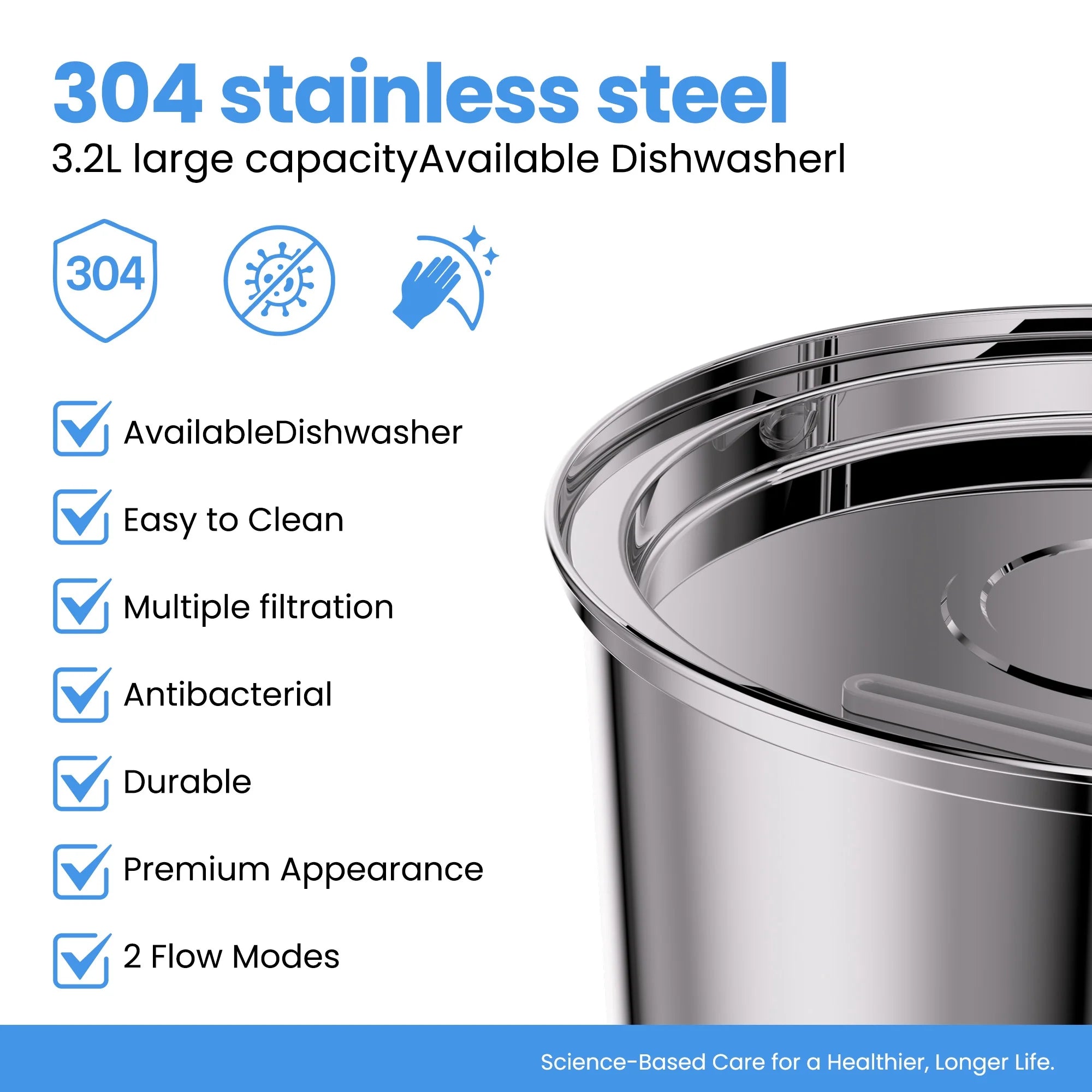 108Oz/3.2L Stainless Steel Cat Water Fountain with 3 Filters, Dishwasher Safe Automatic Pet Fountain for Dogs & Cats, Ultra-Quiet Pet Water Fountain for Multi-Pet Homes, Cat Fountains Indoor