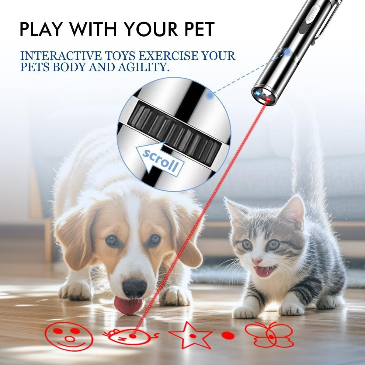 Cat Laser Pointer Toy Dog 7 Adjustable Pattern Long Range Lazer Toy USB Recharge