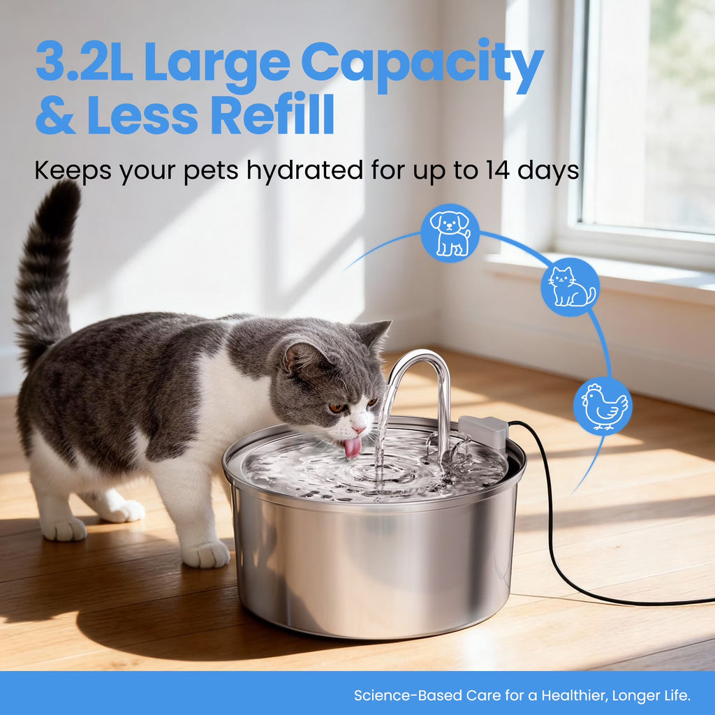 108Oz/3.2L Stainless Steel Cat Water Fountain with 3 Filters, Dishwasher Safe Automatic Pet Fountain for Dogs & Cats, Ultra-Quiet Pet Water Fountain for Multi-Pet Homes, Cat Fountains Indoor