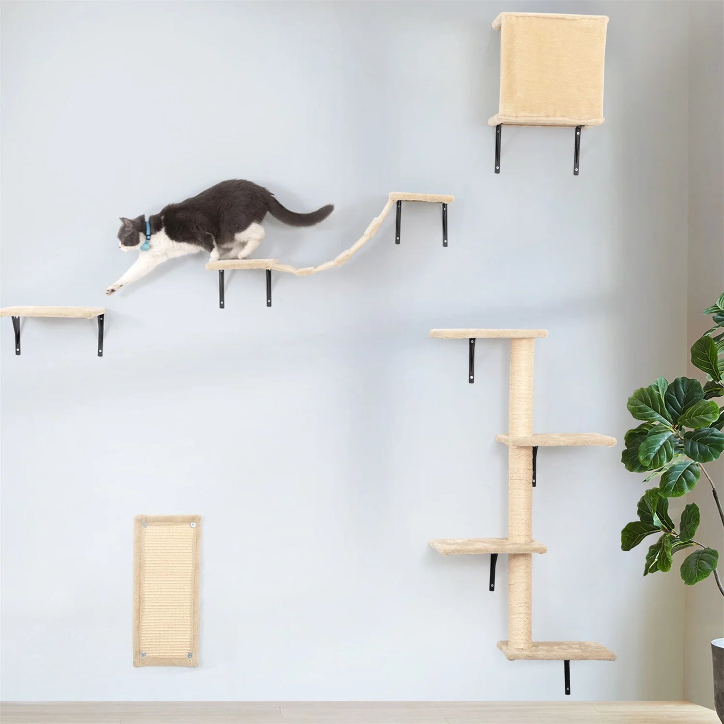 Cat Wall Shelves and Perches Set, Cat Tower for Adult Cats Mounted Cat Tree House for Indoor Cats Modern Furniture for Cat Sleeping Playing Lounging Climbing Cat Tree for Large, Beige