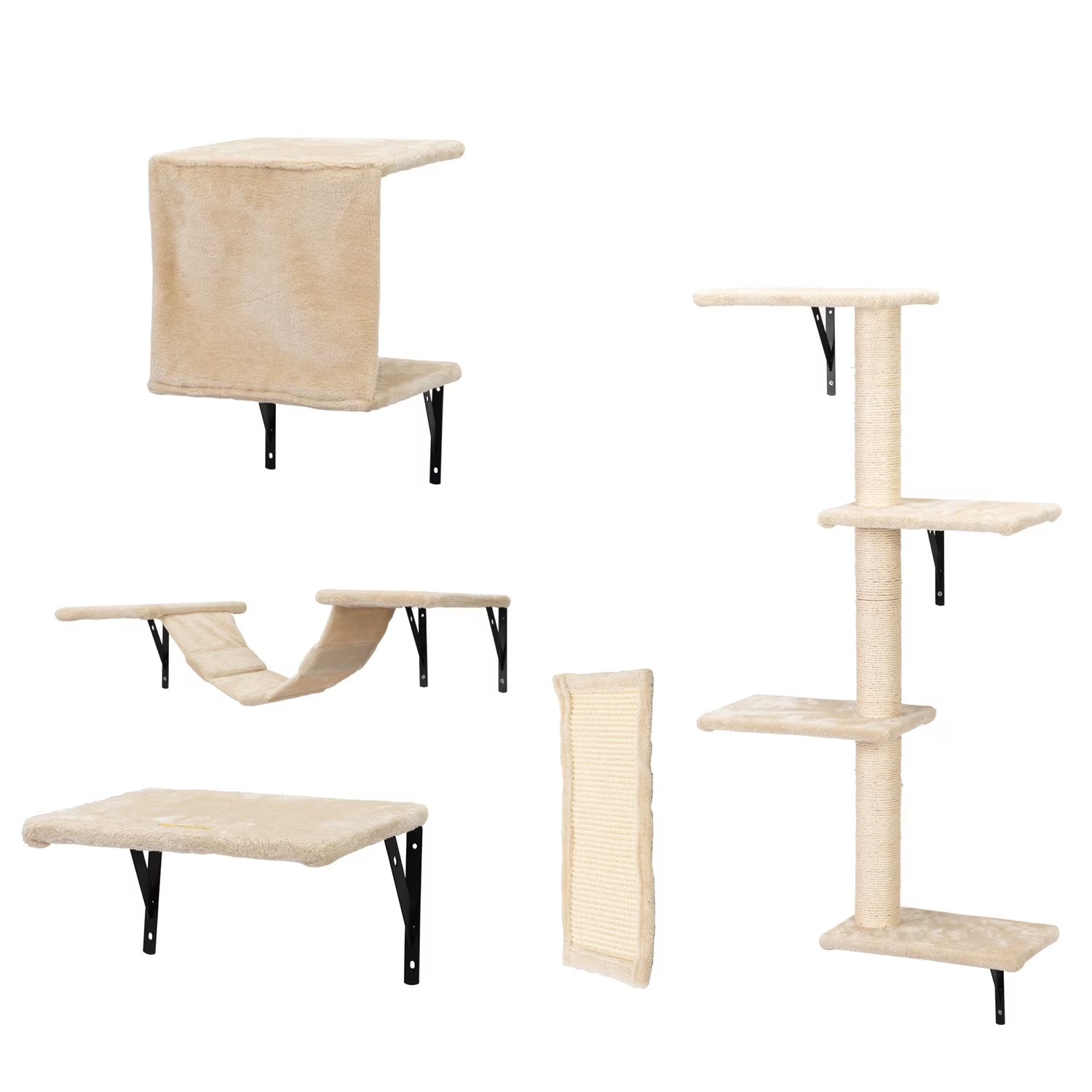 Cat Wall Shelves and Perches Set, Cat Tower for Adult Cats Mounted Cat Tree House for Indoor Cats Modern Furniture for Cat Sleeping Playing Lounging Climbing Cat Tree for Large, Beige