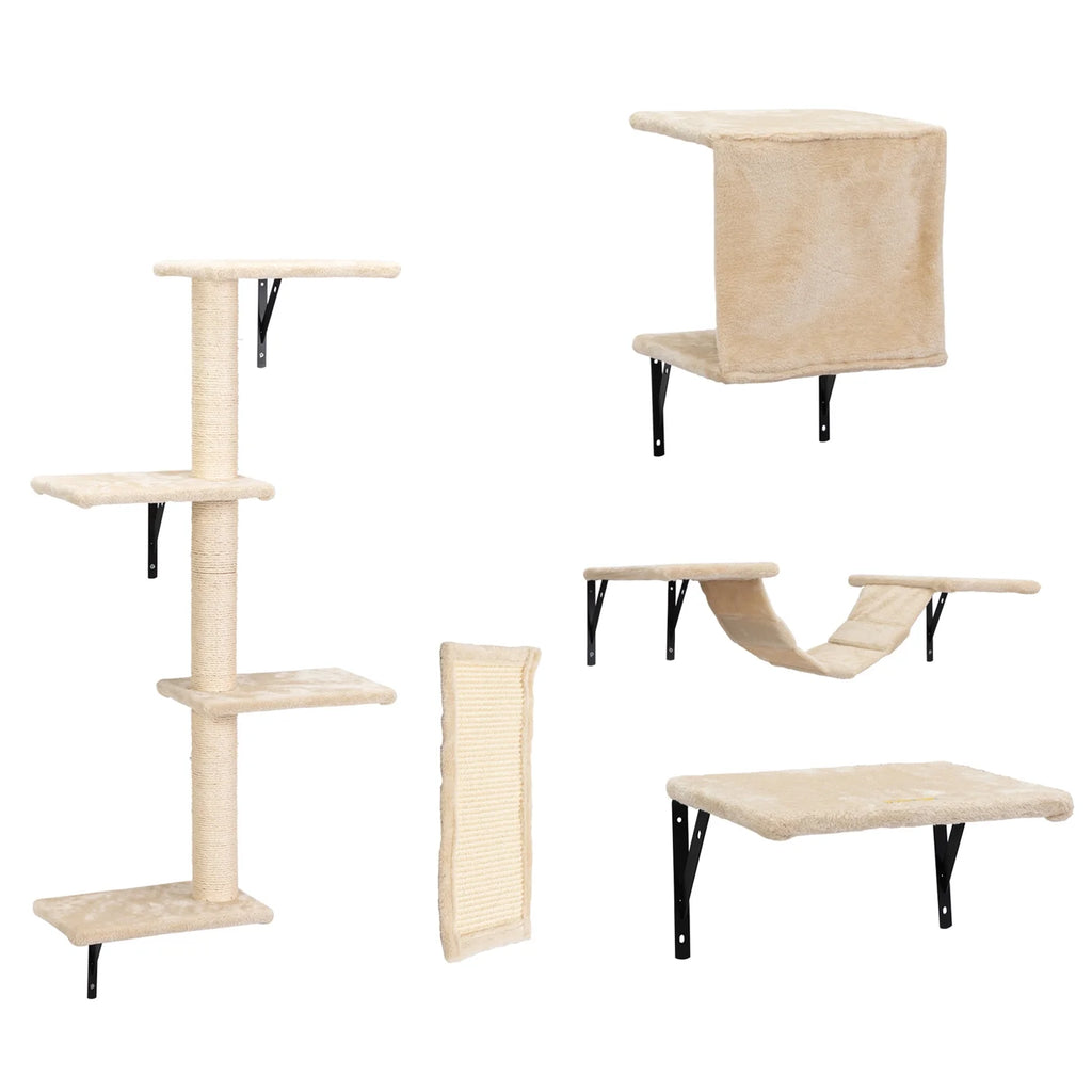 Cat Wall Shelves and Perches Set, Cat Tower for Adult Cats Mounted Cat Tree House for Indoor Cats Modern Furniture for Cat Sleeping Playing Lounging Climbing Cat Tree for Large, Beige