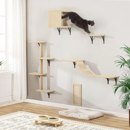 Cat Wall Shelves and Perches Set, Cat Tower for Adult Cats Mounted Cat Tree House for Indoor Cats Modern Furniture for Cat Sleeping Playing Lounging Climbing Cat Tree for Large, Beige